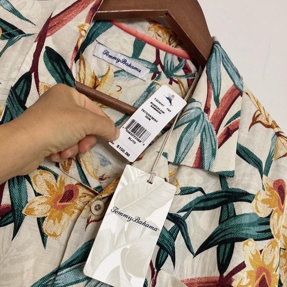New Tommy Bahama Camp Shirt Mens XL Bungalow Bamboo Silk Cream Green Orange - Picture 11 of 16